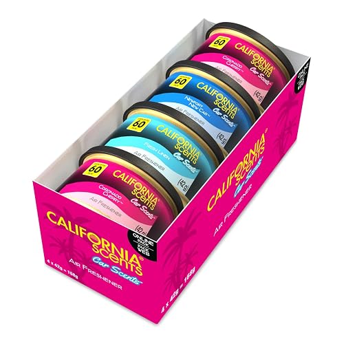 California Scents Car Air Fresheners Can, Assorted Scents (Fresh Linen, Coronado Cherry, Newport New Car), Pack of 4, Strong Adjustable Long-Lasting Fragrance, Eliminates Odour