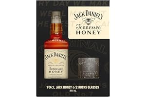 Jack Daniel's Coffret Honey 70cl accompagné de 2 Verres de dégustation 35% – Whisky Américain Premium - Alliance du Whisky Jack Daniel's et d’Une Liqueur de Miel - Riche en Arômes de Vanille, Caramel