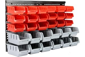 30-Piece Wall Mounted Tool Storage Rack – Pegboard Backboard with Bins & Hooks – Garage, Workshop & Shed Organiser – Stackable DIY Wall System – Black Plastic Containers | Pukkr