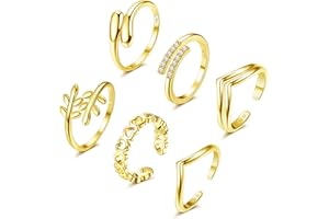 FIOROYAL 6 Stück 𝟏𝟒𝐊 𝐆𝐨𝐥𝐝 Gefüllte Zehenring Verstellbare Zehenringe Set für Damen Mädchen CZ Herz Offene Zehenringe Sommer Strand Fußschmuck