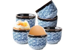 GOMETY Set di 6 portauovo in porcellana, in ceramica, vintage, blu, overeglaze colorato, in porcellana, per uova cotte, colazione, lavabile in lavastoviglie (6, azzurro)