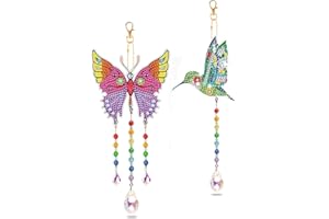 Yomaido DIY Diamond Painting Ornaments, 2 Pieces Crystal Art Kits for Kids Humming Bird, Double Sided Diamond Art Keyrings with Crystal Suncatcher Art Rainbow Maker Indoor for Home Garden Decoration