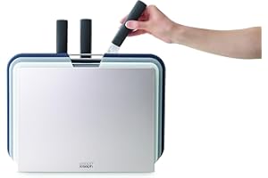 Joseph Joseph Nest Juego de 6 Cuchillos y Tabla de Cortar, Cuchillos de cocina de acero inoxidable y tablas codificadas por colores en soporte de almacenamiento compacto, Gris