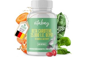 ‎VITABAY Vitabay Beta Carotin Depot Bräunungskapseln - 180 Vegane Softgels mit 25000 I.E - Vorstufe von Vitamin A Hochdosiert -Carotin Kapseln hochdosiert Bräune Karottensaft Karotin - Laborgeprüft
