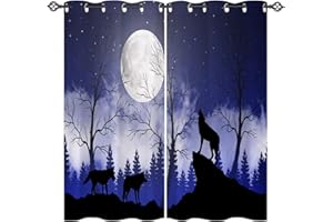 ANHOPE Wald Tier Wolf Mond Vorhänge mit Ösen Kinder Jungen Mädchen Gardinen Blickdichte Thermo Vorhang Blackout Curtain Schlafzimmer Wohnzimmer Verdunklungsvorhänge 2er Set H 138 x B 132 cm