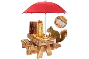MIXXIDEA Eichhörnchen-Futterstation Picknicktisch mit hohem Regenschirm, Eichhörnchen-Futterspender aus Holz für draußen, niedlicher Streifenhörnchen-Futterspender mit Maiskolbenhalter, solide