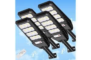 081 Store - 4 PEZZI lampione solare con 144 LED esterno 200W, con palo e telecomando, sensore di movimento e crepuscolare luce biano freddo 6500k