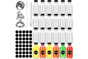 Miiepls Mini Bouteille Verre, Miniatures Réutilisables 60ml, avec Bouchons Noirs et Entonnoir, Mignonette Vide Pour Huiles Essentielles, Shots de Gingembre et Plus (24)