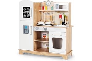 RELAX4LIFE Cucina Giocattolo in Legno per Bambini, Mini Cucina con Utensili da Cucina, Suoni e Luci Realistici, Giocattolo Educativo per Bambini 3+ Anni