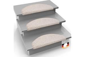 ‎CASA PURA casa pura Shaggy Stufenmatten Barcelona 15 Stück Set, weicher Hochflor Treppen-Teppich, Treppenstufen Matten, selbstklebend | halbrund | 65 x 23,5cm | Creme