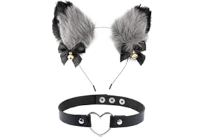 FLOFIA Fold-eared Fox Headband + Bell Choker Necklace with Bell for Women Girls Cosplay Fancy Dress Party