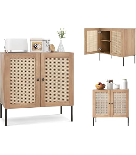 FiveWillowise Sideboard Rattan - Küchenschrank Mit 3 Türen & Verstellbaren Ablagen