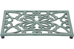 SUMTree Rectangle Cast Iron Trivet, Decorative Heavy Duty Hot Pot Holder Mat, Vintage Butterfly Pattern Cast Iron Trivet with Rubber Pegs for Kitchen Dining Table (Green)