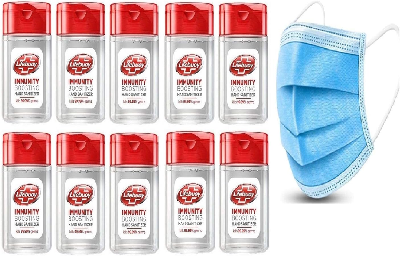 Lifebuoy immunity boosting hand sanitizer. (type :- total 10) bottle - 50ml (pack of 10 nos.) With free 3 ply best mask.