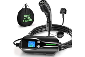 FNRIDS 8M EV Charger Cable Type 2 to 3 Pin Plug, 6/8/10/13A Variable, 1-12 Hours Delay Timer, 3.3kW Electric Car Charger with Large OLED Display, LED Indicators & Carry Bag, IP67 Waterproof