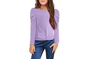 Arshiner Camiseta de Manga Larga para Niñas Camiseta con Mangas Abullonadas Camisetas Informales con Cuello Redondo de Punto Acanalado Top Liso Jersey de Moda para Niños Sudaderas de Otoño 5-11 Años