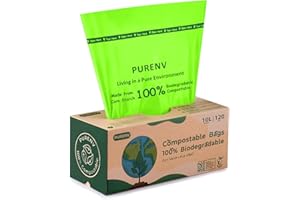 PURENV 10L Sacs Poubelles Compostables, 120 Sacs à Déchets Biodégradables, Sacs Fabriqué à Partir D'Amidon de Maïs, Résistants et Étanches, Certifiés EN13432