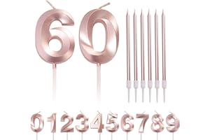 HONGCI Rose Gold 60th Birthday Candle - Number 60, Age 60 Candles for Cake, Long Candles, Rose Pink
