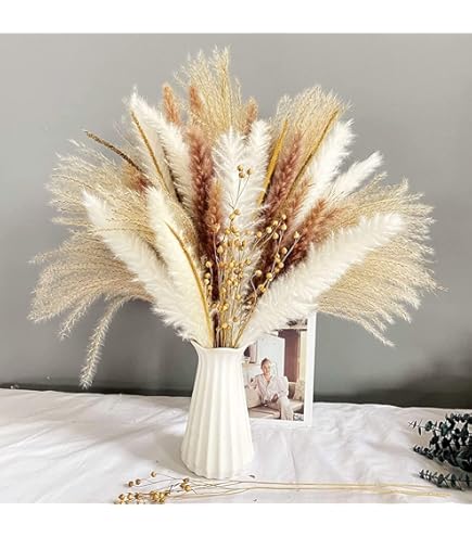 Behiruch 110 Pezzi Bouquet Di Pampas Grass Essiccato, Naturale Fiori Secchi Decorativi, Pampas Decorative Abbinamento Eucalipto Essiccato, Fiori Boho Per Soggiorno, Camera, Tavolo Matrimonio