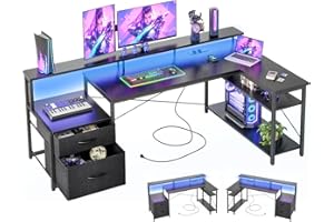 ‎BEXEVUE BEXEVUE L-förmiger Schreibtisch mit Steckdosen LED – 165x80cm Moderner Eckschreibtisch 2 Schubladen, Umkehrbare Ablagen, Großer Monitorständer, Corner Gaming Tisch, Studium Arbeit Zuhause Schlafzimmer