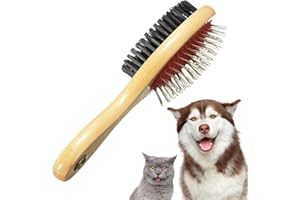 TRAND Wooden Dog Brush for Grooming Double Sided Pet Hair Grooming Brushes Shedding Messaging & Cleaning 2 in 1 Pin & Bristle Soft Dogs Comb Brush for Dogs & Cat Long or Short Haired