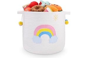 Zaxiva Cestas de Almacenamiento de Cuerda de Algodón, Cesto Juguetes con Bordado Decoración de Arco Iris Colorido, Cestas Organizadoras para Baño, Maquillaje, Juguetes(30*30CM)