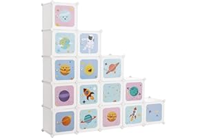 SONGMICS Scaffale Portaoggetti a 15 Cubi per Bambini, Portagiochi ad Incastro, Armadio in Plastica, Organizzatore Modulare per Abiti Scarpe Zainetto, 153 x 31 x 153 cm, Bianco LPC902W