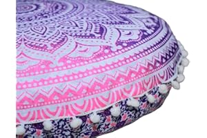CRAFT KALA Round Mandala Boho Pillow Cover Meditation India Room Seating Poufs Cover for Living Room Yoga Room Home Décor Bedroom Balcony Garden Decoration Cotton Floor Cushion Cover (22", Pink Ombre)