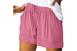 BIEDONGDA Short Lin Coton Femme Été Léger Taille Elastique Pantalons Court Taille Haute Sport Shorts Casual Confortable Ample Short Droit Cargo Couleur Unie Jogging Plage avec Poches Grande Taille