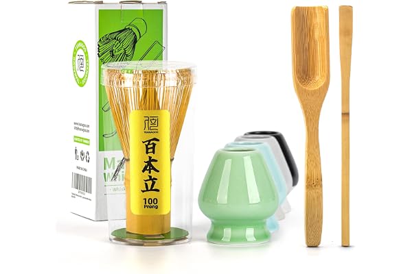 TEANAGOO 4 pièces Kit matcha, Fouet au Matcha (Chasen), cuillère Traditionnelle (chashaku), cuillère à thé, Porte-Fouet, l'ensemble Parfait pour préparer Une Tasse