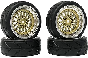 KINGCOO RC - Set di pneumatici e ruote, 4 pneumatici in gomma da 64 mm e rivestimento in plastica, cerchione esagonale da 12 mm, per pneumatici da 1/10 RC On Road Touring Racing Drift (oro/argento