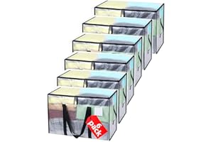 PUNCOOLS 6 Pack 90L Clothes Storage Bags with Lids, Heavy-Duty Moving Bags for Moving, Clothes Storage, Laundry Bag, Packing, House Solutions（Transparent ）