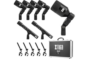 XTUGA DI7 7-Piece Wired Dynamic Drum Mic Kit (Whole Metal) Kick Bass, Tom/Snare & Cymbals Microphone-Use for Drums, Vocal, Other Instrument Complete with Thread Clip 7 On Stage Audio Cables 16.5FT