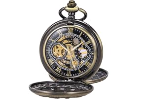 ÖSSZEFUT Pocket Watch with Chain Roman Numerals Hollow Mechanical Pocket Watches for Men Double Cover