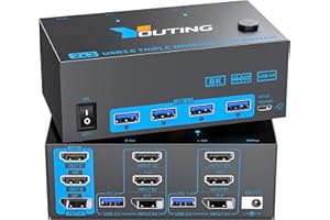 YOUTINGHDAV KVM Switch 2 PC 3 Monitor,Triple Monitor Switch KVM 2 HDMI + DisplayPort 4K@144Hz 8K@60Hz, USB 3.0 KVM Switch HDMI DP per 2 PC parti mouse, tastiera e 3 monitor, wired remote