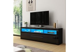 Senvoziii TV Cabinet, Black Gloss TV Stand Unit with Led Lights, Modern TV Stand Storage with 2 Drawers 2 Doors, TV Entertainment Unit for Living Room Furniture Decor, 160x35x60cm