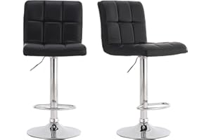 Millhouse Pair of Cuban Bar Stools Set with Backrest, Leatherette Exterior, Adjustable Swivel Gas Lift, Chrome Footrest and Base for Breakfast Bar, Counter, Kitchen and Home Barstools DM811 (Black-)
