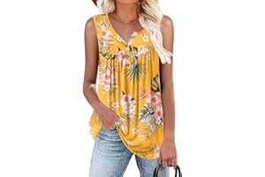 Aodemo Women's Summer Casual Henley V Neck Tunic Ladies Button Up Tops Flowy Sleeveless Shirts Loose Blouse M, Yellow-green leaf