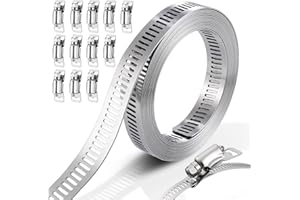 JIZZU Hose Clamp Kit DIY 9.8 Feet Metal Strap + 12 Stronger Fasteners Large Adjustable Clamp Worm, Gear Band Hose Clamps Screw Clamps Duct Pipe Metal Clamp Strapping for Pipe, Plumbing, Tube, Silver