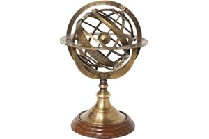 MARE-ME Sphère armillaire laiton antique sur socle en bois, h : 29 cm, ø : 18,5 cm