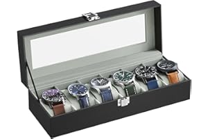 SONGMICS Watch Box with 6 Slots, Watch Case with Glass Lid, Watch Display Box with Removable Watch Pillows, Metal Clasp, Gift Idea, Black Synthetic Leather, Greenish Grey Lining JWB06BK