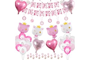 XJLANTTE Cat Birthday Party Supplies - Cat Happy Birthday Banner, Crown Cat Balloon, Cat Paw Macaron Balloon, Heart Balloon, Cake Topper and Hanging Swirl for Kids Kitten Pet Theme Decorations (Set 01)