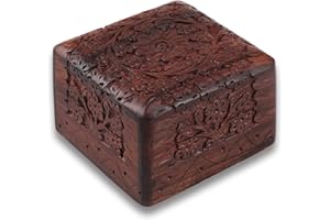 Handy Kala Wooden Box - Sheesham Wood Handmade Jewellery Box with Lid, Velvet Interior, Floral Carving Detail, Brass Inlay-Storage Box for Crystals, Jewels, Trinket, Charms, Valuables(Small, Carving)