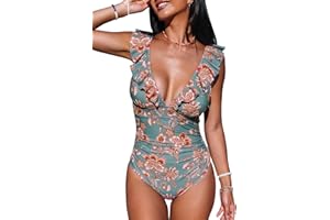 CUPSHE Damen Badeanzug Rüschen V Ausschnitt Monokinis Bauchweg Einteilige Bademode Swimsuit