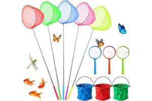 Furuising 5Pcs Kids Fishing Net with 3 Magnifier and 3 Foldable Bucket Kit, Colorful Telescopic Butterfly Nets with Handle(37-82cm) for Pond Dipping, Rock Pool, Catching Fish, Crab, Insect
