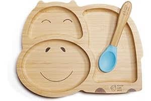 Moon and Moo Hippo Ensemble assiette et cuillère à ventouse en bambou pour enfants, tout-petits et bébés – Non toxique – Sans plastique – Reste en place – Assiette à ventouse pour bébé – Ensemble de
