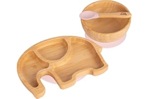 Tiny Dining Baby Dinner Set - Elephant - Pastel Pink - 3pc - Divided Non-Slip Bamboo Self-Feeding Weaning Plate, Bowl & Spoon for Babies, Toddlers, Children