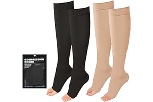 Evolyline Medical Compression Socks for Women & Men Stockings, 20-30 mmHg Flight Sock for Varicose Veins Edema Open Toe Calf Support, Graduated Compression Stocking Travel Pregnancy Nurses 2 Pairs