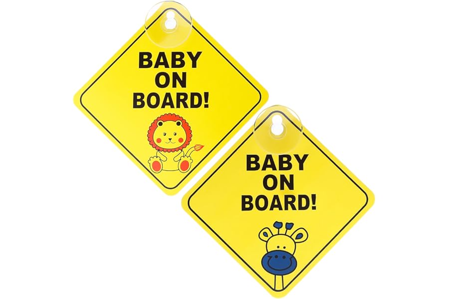 TIESOME 2Pcs Baby on Board Car Warning, Baby on Board Sticker Sign for Car Warning with Suction Cups for Window Cling Reusable Babies on Boards Stickers Decal (Giraffe + Lion)