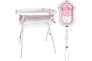 moovkee. Babybadewanne mit Gestell 80cm - Baby Badewanne Faltbar mit Thermometer und Badekissen - Babywanne mit Ständer Sicher für Ihr Baby - Babybadewanne Neugeborene